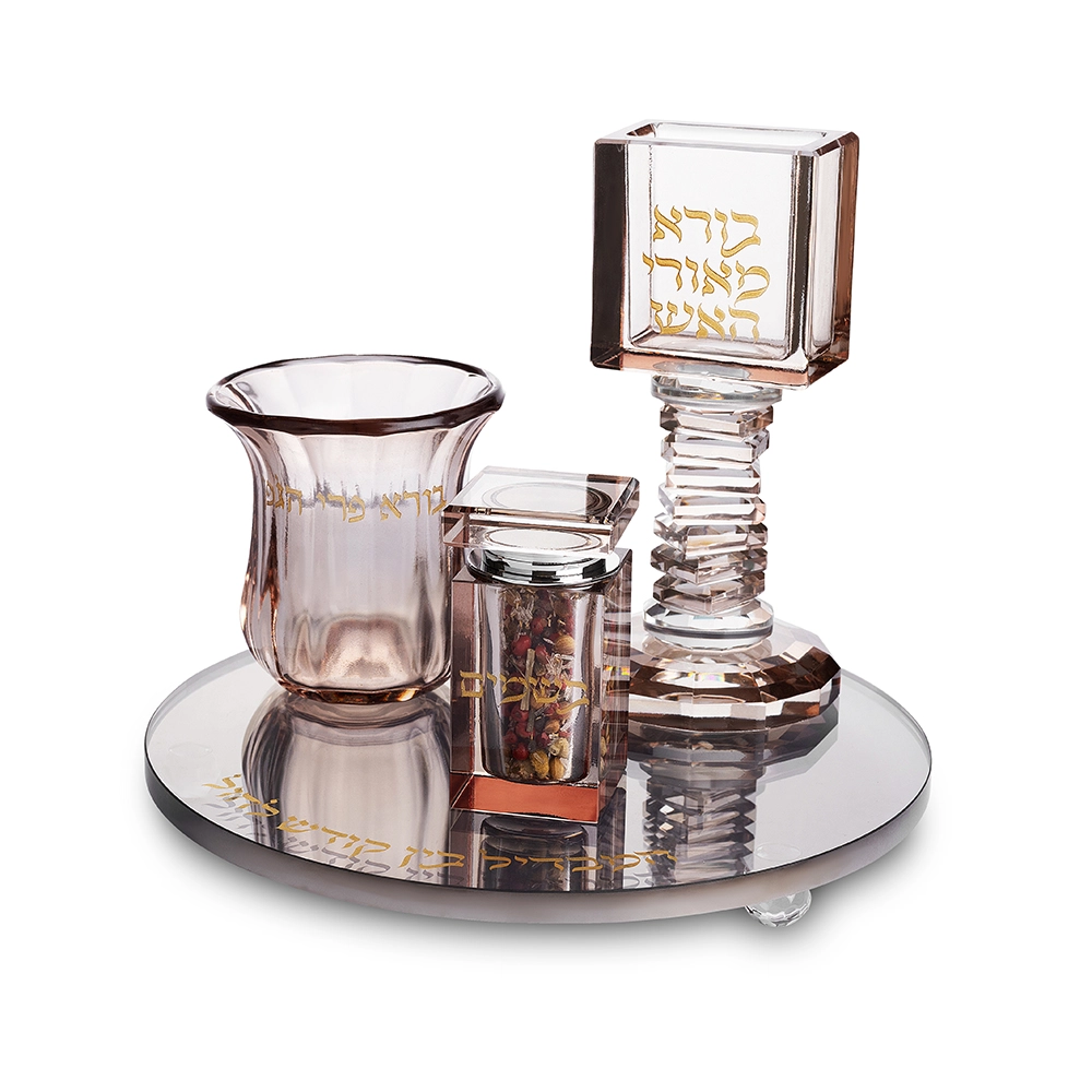 סט הבדלה מהודר מקריסטל רוז גולד עם מגש שחור עגול 20 ס"מ